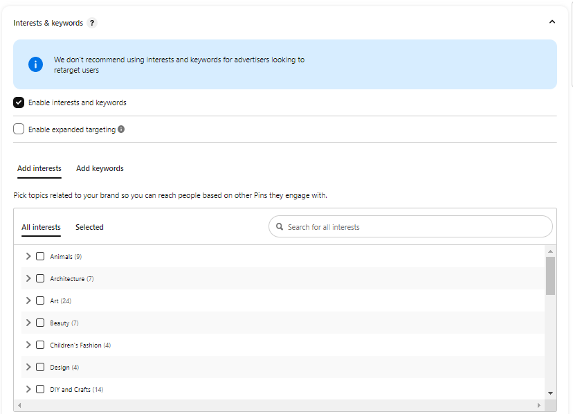Pinterest Ads Interest & Keywords