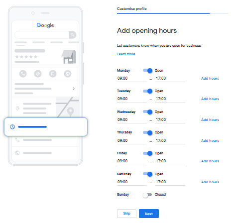 Customize Google Business Profile - Add opening hours